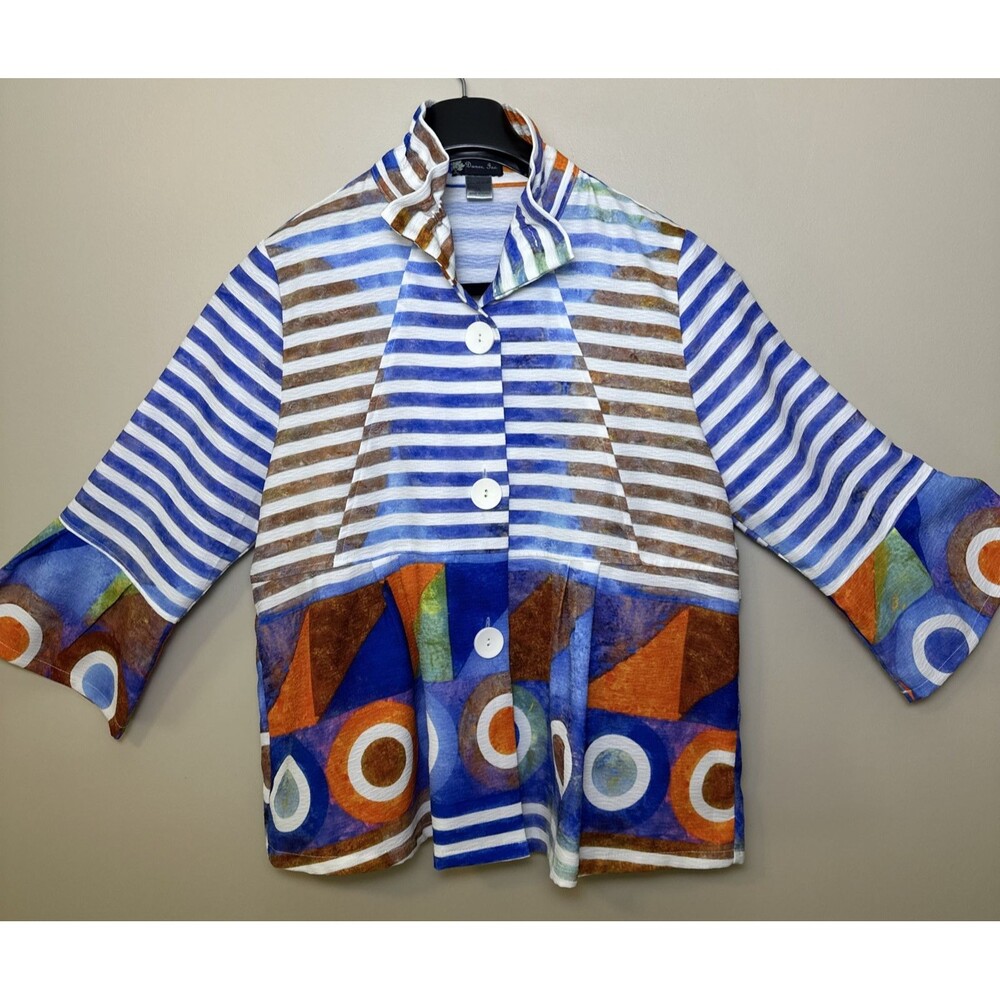 Damee Blue Brown Stripe Geometric Wire Collar Short Jacket Art to Wear Sz L